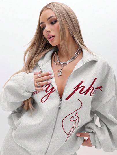 BABYPHAT Oversized High Neck Zip Up Sweatshirt With Script Print And Flame Detail For Casual Comfort