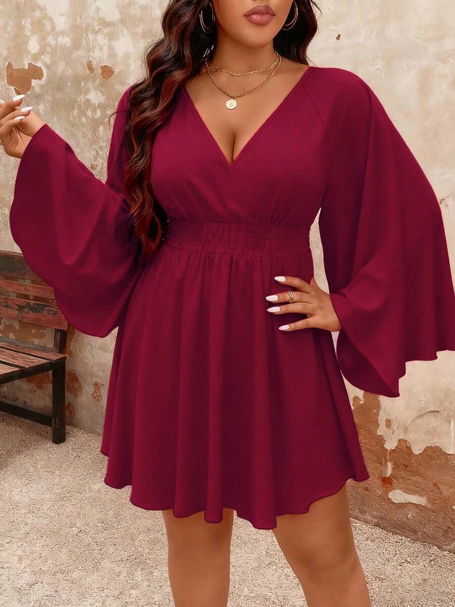 Đầm ngắn dáng chữ A màu đỏ cỡ lớn, cổ chữ V, thanh lịch, thường ngày, thắt eo, tay loe, giúp thon gọn vóc dáng. - Đỏ - Xem 1