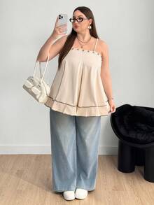 Enliva 大码女式金属孔眼细节、褶饰、A 字下摆可调节肩带吊带背心/秋冬 - 卡其色 - 查看 3