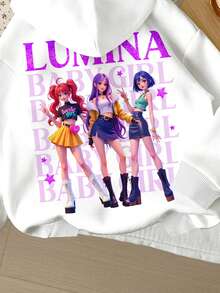 SHEIN Leap Crew 白色韩流卡通少女肖像休闲舒适加厚柔软长袖卫衣，适合秋冬季日常穿着、外出、街头风、校园穿搭。 - 白色 - 查看 4