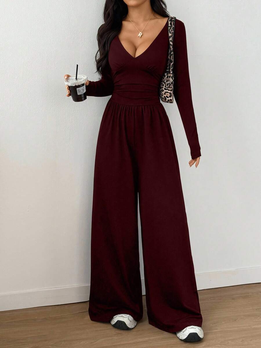 Flirla Bộ đồ liền thân dài tay màu trơn cổ chữ V dành cho nữ - Màu Đỏ Sâu - Xem 1