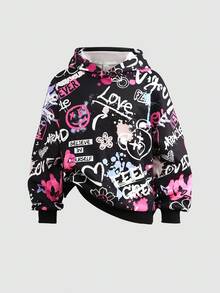 SHEIN Tween Girl Colorful Letter Print Hooded Sweatshirt And Sweatpants 2 Pieces Set, Fleece, Thickened - Multicolor - View 3