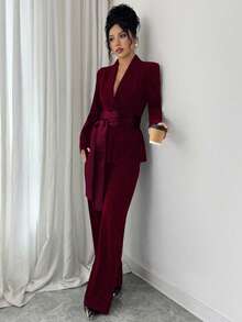 SHEIN Elenzya 女士优雅浪漫西装外套，腰部收紧，直筒裤，长袖，面料拼接 - 酒紅色 - 查看 4
