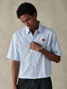 SWAVVY Męska koszula w kratę z haftem w kształcie serca i krótkim rękawem, z guzikami z przodu