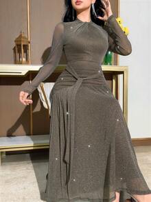 Modelyn 女士纯色立领长袖网纱拼接腰部褶皱中长连衣裙 - 綠色 - 查看 6