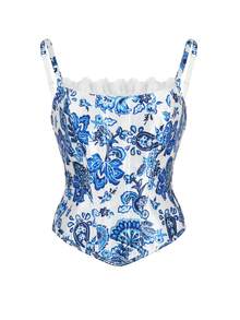 Myrelith 1pc Adjustable Waist Halloween Style Sexy Lace Patchwork Shapewear - Blue and White - View 3