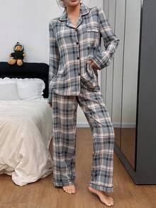 格子印花翻领开衫女士长袖睡衣套装 - 彩色 - 查看 5