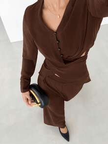 Siren Gaze 2pcs Women Elegant Dark Brown Pants Set,Overlapping Wrap Long Sleeve Top & Wide-Leg Pants Suit,French Office Style Autumn Outfit,Minimalist Clothes - Brown - View 7