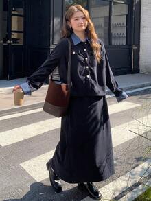 Dazy Plus 时尚休闲撞色拼接外套上衣和A字裙两件套，优雅大码女装春秋季