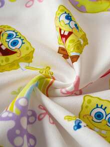 SpongeBob SquarePants | SHEIN Baby Girl Cartoon & Floral Print Cute Knit Loose Fit Crew Neck Drop Shoulder Long Sleeve Sweatshirt And Sweatpants Set, Autumn/Winter - White - View 3