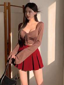 DAZY 女式百褶 A 字裙，百搭校园风格，返校服装 - 玫瑰紅 - 查看 3