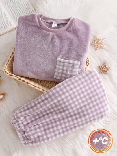 Genkimix Kids 两件套紫色格子抓绒长袖上衣和裤子舒适睡衣套装，适合少女穿着