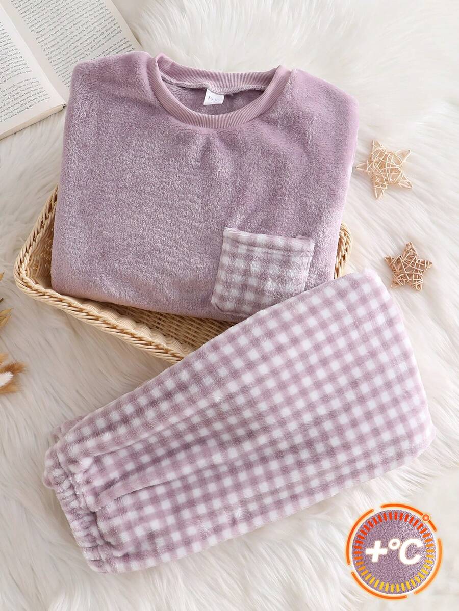Genkimix Kids 两件套紫色格子抓绒长袖上衣和裤子舒适睡衣套装，适合少女穿着