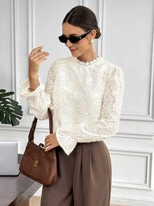 SHEIN Frenchy 女士优雅纯色衬衫，秋季套头衫，女士优雅上衣，端庄衬衫，女士早餐装，女士优雅衬衫，适合休闲和度假，法式风格，巴黎女士，欧式风格，欧洲度假，女士优雅衬衫，适合所有季节，新年，复古，简约，适合日常穿着，法式风格，欧式风格，圣诞春季 - 杏色 - 查看 4