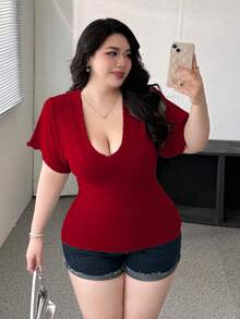 Vibekara 深V领收腰休闲女式上衣T恤 - 酒紅色 - 查看 6