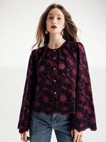 Aveloria Modichic Camisa de cárdigan de manga larga con bordado suelto y parches calados de alta gama francesa nueva para invierno - Negro - Ver 6