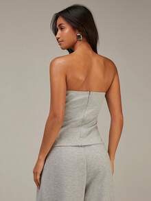 Athîral 两件套女士休闲纯色抹胸上衣和阔腿裤套装 - 灰色 - 查看 3