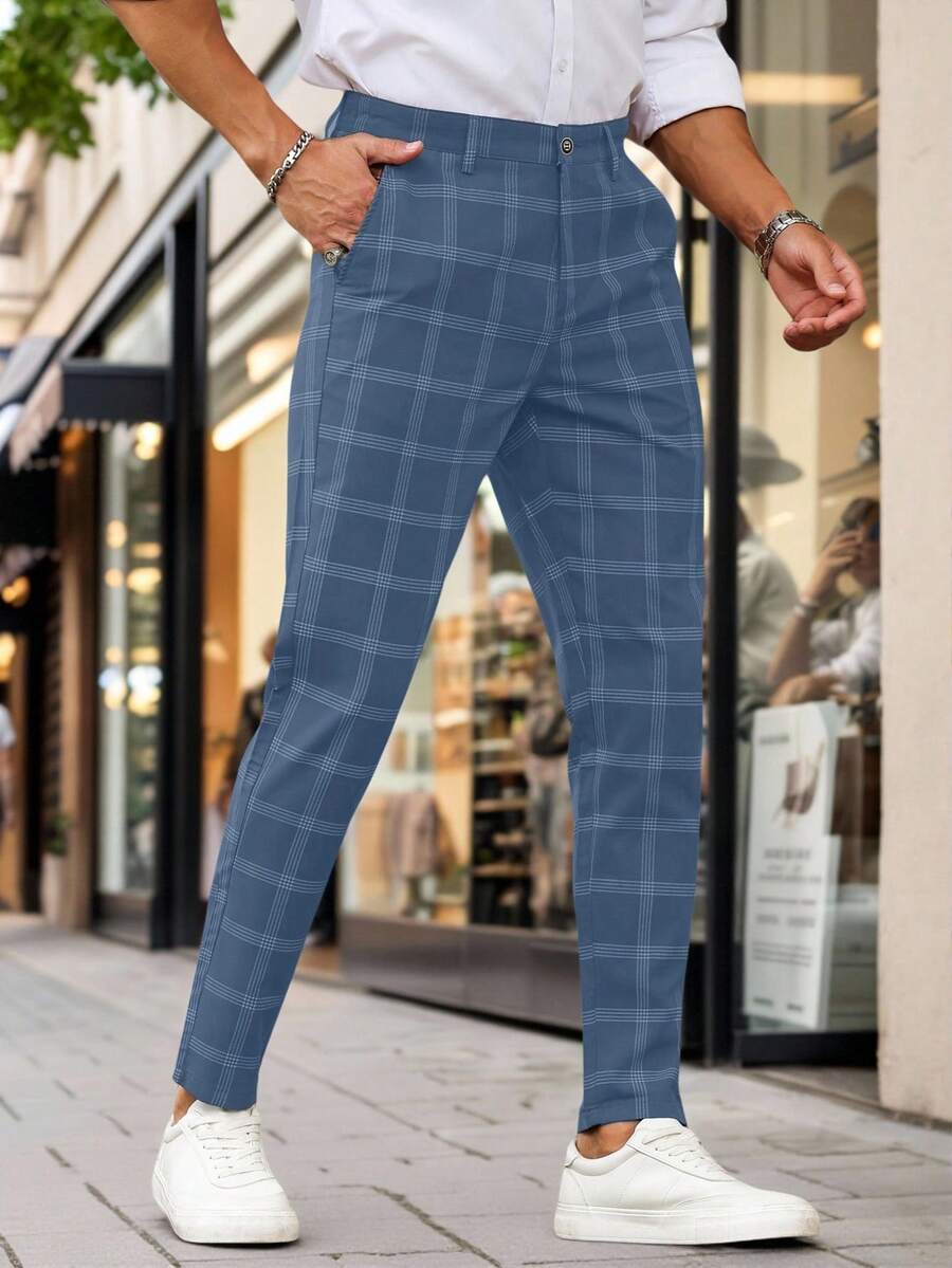 Manfinity Homme Men Plaid Straight-Legged Daily Casual Commute Suit Pants With Pockets - Blue - View 1