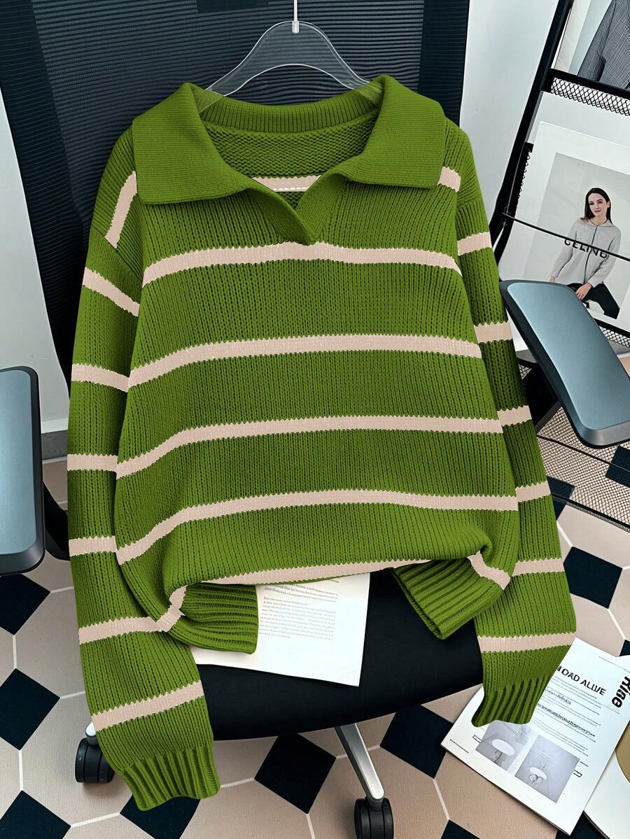GlowEve 女士休闲宽松条纹毛衣，秋冬 - 橄欖綠 - 查看 1