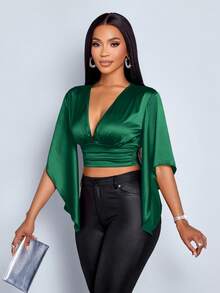 SOLERSUN 春夏女装优雅通勤商务休闲V领收腰褶皱亮面缎面面料不规则荷叶袖派对情人节约会度假红色短衬衫 - 綠色 - 查看 4