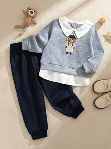 Souflis Souflis 2pcs/Set Young BoyRetro 2025 Autumn/Winter Thickened Light Gray Sweatshirt & Navy Casual Sweatpants Suit - Multicolor - View 3