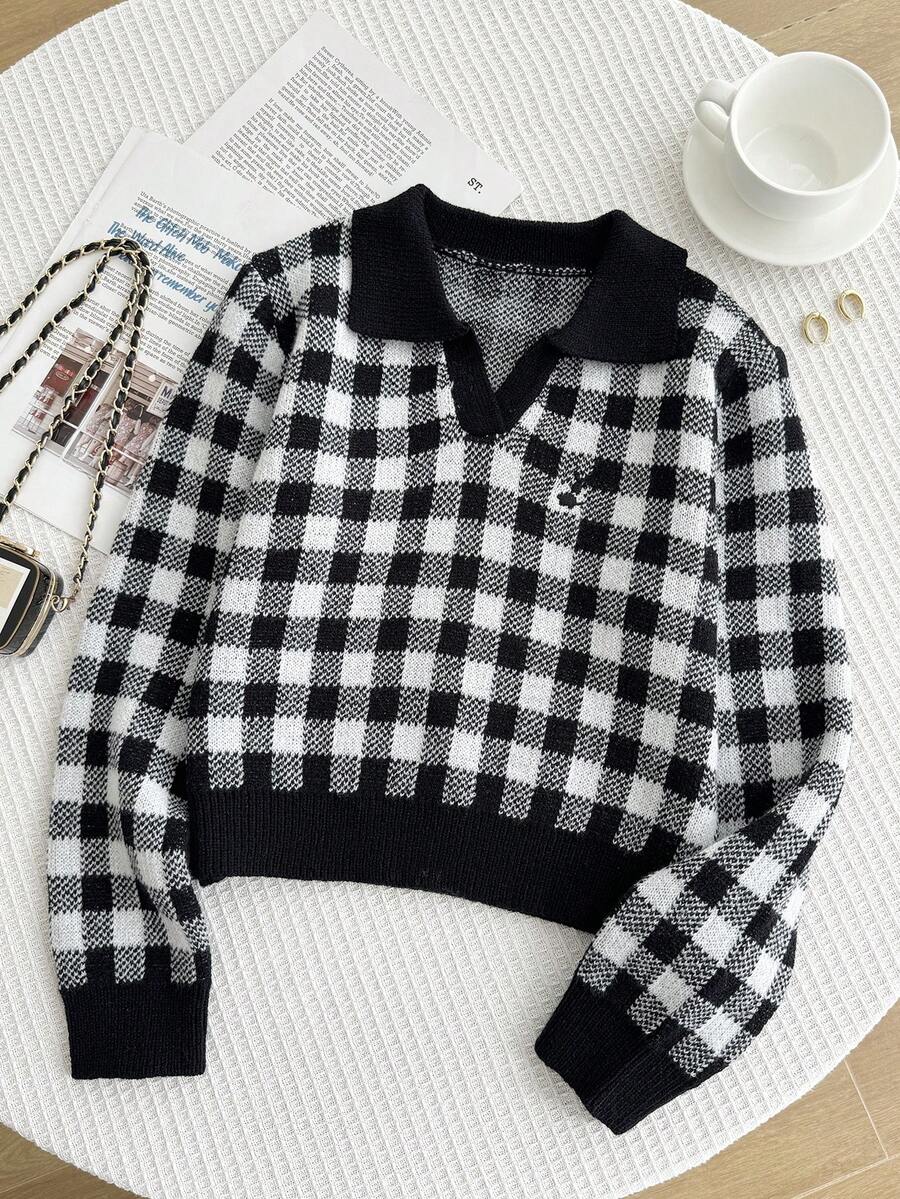 SHEIN Genkimix Kids Maglione lavorato a maglia a maniche lunghe con scollo a V rosa per ragazze adolescenti, con motivo ricamato elegante, comodo e versatile - nero - Visualizzare 1