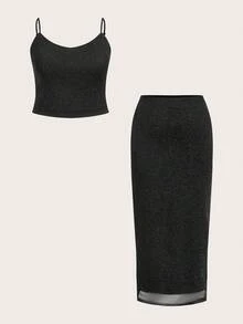 CovetEZ Conjunto de 2 piezas de camiseta sin mangas brillante y minifalda para tallas grandes - Negro - Ver 9