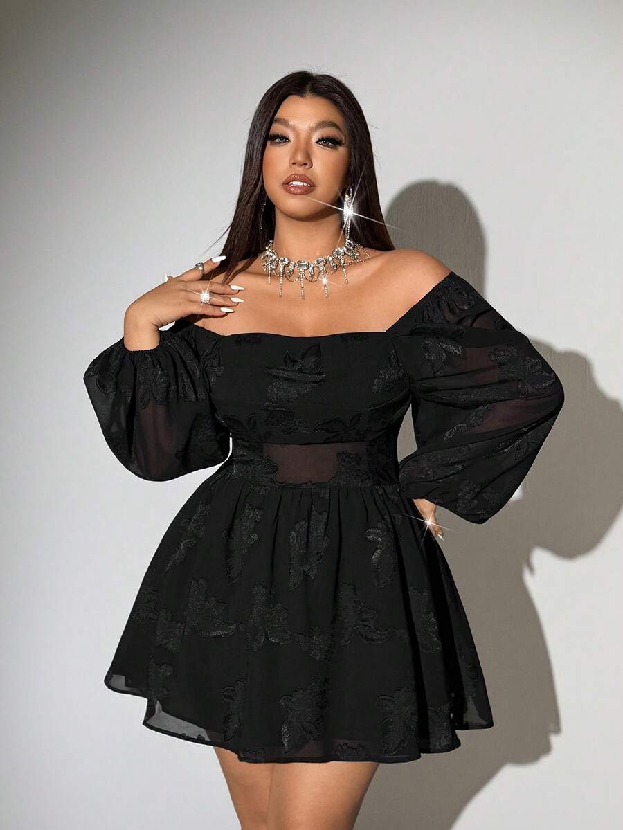 Viva Relle 大码性感方领长袖时尚休闲连衣裙，圣诞红色派对 - 黑色 - 查看 1