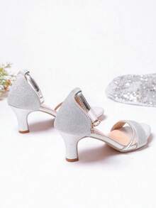 Sandalia de mujer brillo elegante punta abierta pulsera tobillo tacón medio estilo fiesta para eventos y noches - Plateado - Ver 9