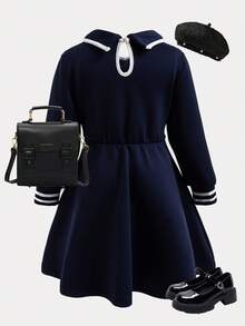 1pc Girls' Casual Collared Embroidered Colorblock Knit Dress - Navy Blue - View 2