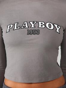 Missguided x Playboy 1953 修身长袖露脐上衣，圆领设计，采用柔软针织面料，适合日常休闲穿着。 - 灰色 - 查看 4