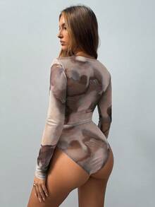 Siren Gaze Body De Malla Plisada Con Estampado Floral Para Mujeres, Ropa De Moda Casual Para Verano - Marrón - Ver 2