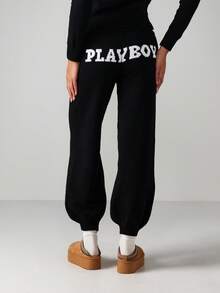 Missguided x Playboy Oversized Knitted Cuffed Joggers With Ribbed Waistband And Ankle Cuffs For Casual Winter Wear - Black - View 1