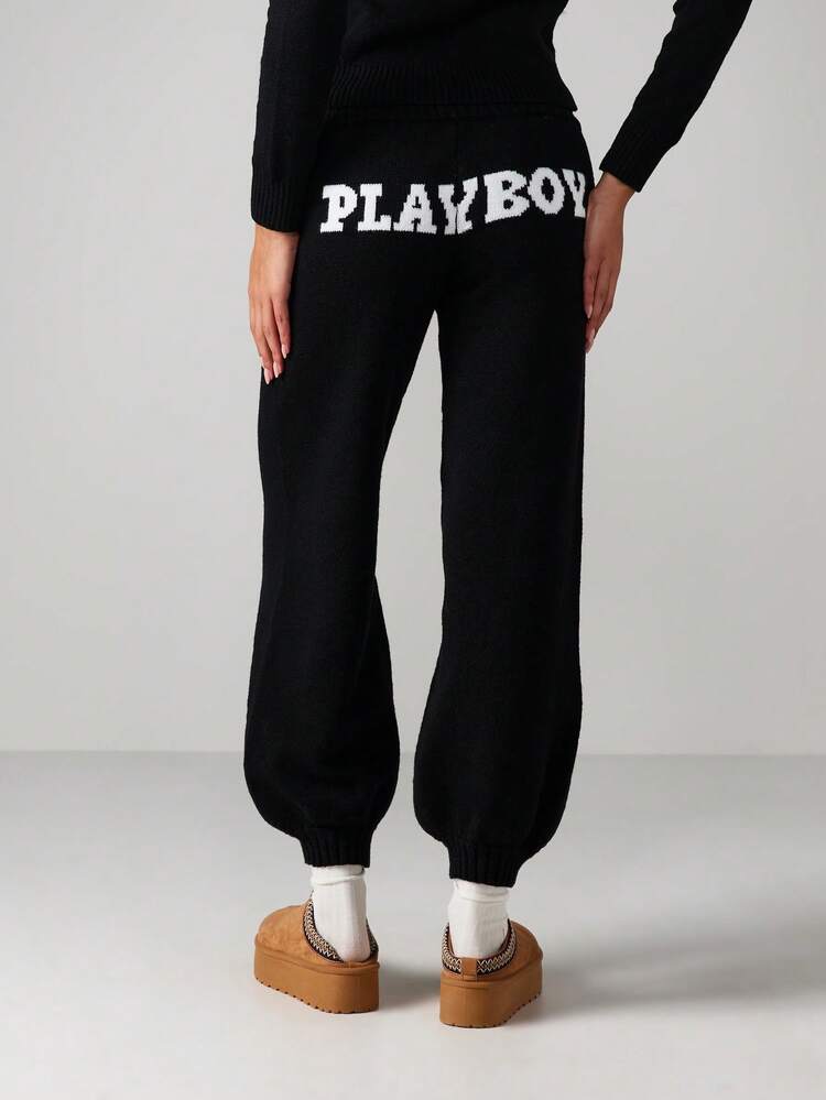 Missguided x Playboy Oversized Knitted Cuffed Joggers With Ribbed Waistband And Ankle Cuffs For Casual Winter Wear
