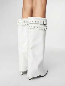ROMWE Botas altas hasta la rodilla con diseño de doble hebilla, puntera cuadrada y tacón de aguja para mujer - Blanco - Ver 4
