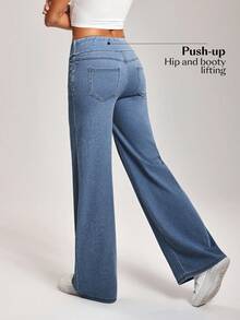 SHEIN PETITE Women's Casual Loose Straight-Leg Jeans Stretchy Jeans For Women Pants Flare Leg - Blue - View 4