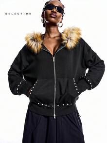 LYSMO Women's Casual Regular Zip-Up Hoodie Jacket With Faux Fur Patchwork, Autumn/ Winter - Black - View 3