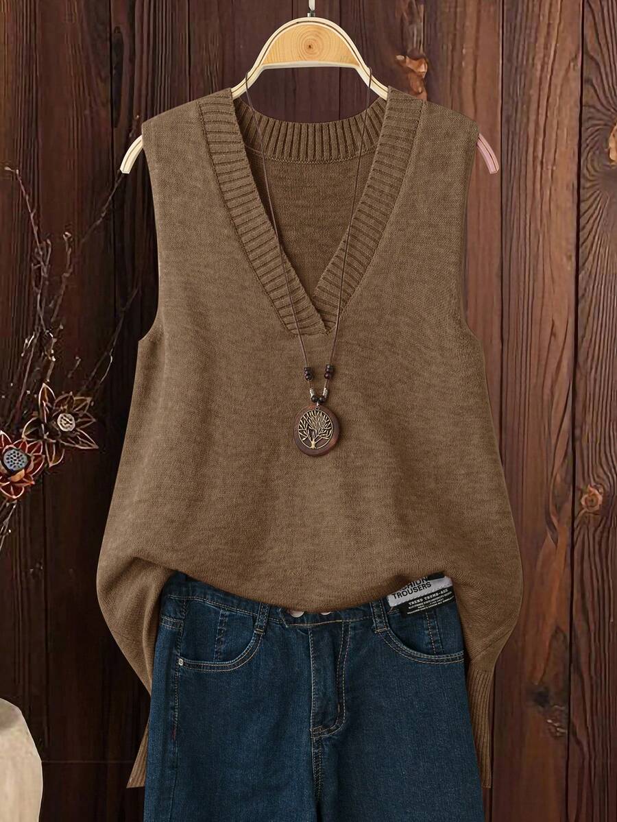 SHEIN LUNE 大码女式米色V领侧开衩高低摆宽松针织休闲舒适毛衣背心，秋冬款