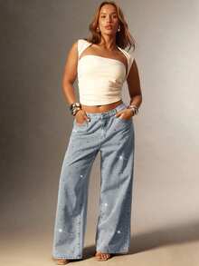 Denimoi Jeans dritti in denim vita alta con applicazioni di strass - Lavaggio chiaro - Visualizzare 1