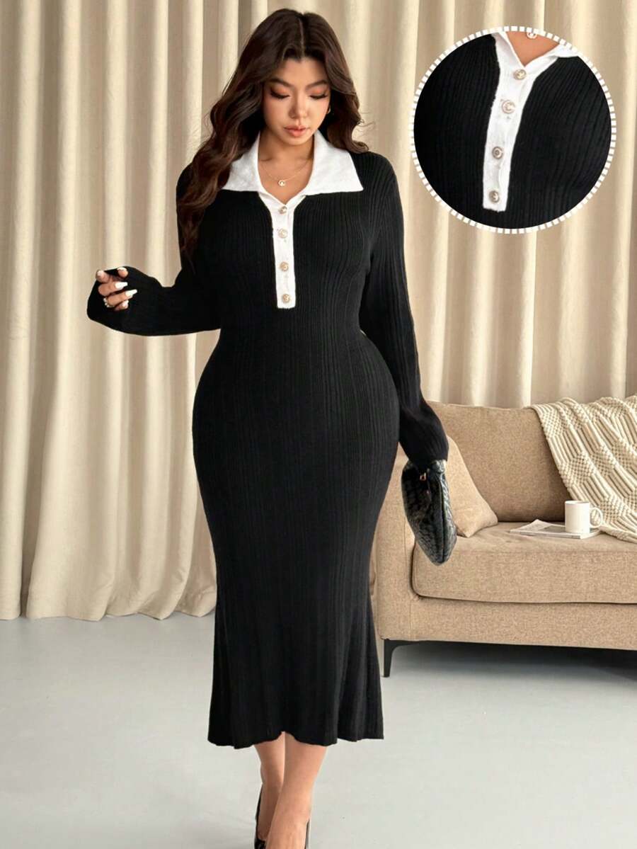 Vionelle Color Block Collar Plus Size Sweater Dress, Fitted Slim Waist Knit Midi Skirt, Autumn/Winter Plus Size Black And White Dress Plus Long Dress Curvy Dress Women Plus Dress 8xl Women Clothes - Black - View 1