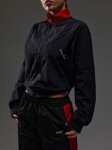 Dewbera Dewbera Contrast Color Stand Collar Zip-Up Casual Sporty Jacket,Long Sleeve Cropped Workout Sportswear Women Gym Clothes,Red And Black,Autumn,Athleisure,Gym - Navy Blue - View 5