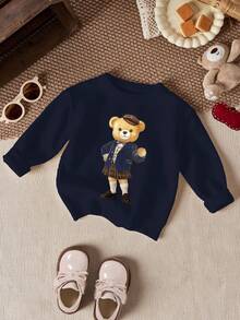 1 Áo len Raglan họa tiết gấu hoạt hình đơn giản cho bé gái, thích hợp mặc hàng ngày và đi học - Màu xanh hải quân - Xem 2