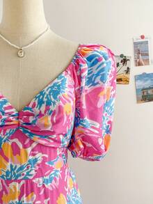 Soleia 女士度假风彩色花卉印花泡泡袖荷叶边下摆浪漫婚礼/毕业典礼/返校派对可爱休闲单身派对复古夏季橙色热带图案印花长裙 - 玫紅色 - 查看 3