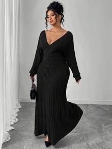 Elenzga Vestido de punto hombros descubiertos marrón oscuro, elegante y sexy, para otoño/invierno - Negro - Ver 3