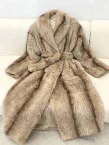 SHEIN Stylify Women's Casual Fluffy Faux Fur Straight Coat, Minimalist Design, Autumn/Winter - Khaki - View 3