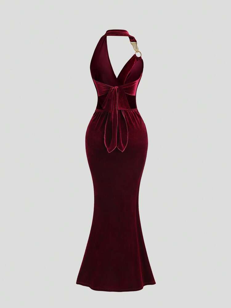 Sweetra Vestido de fiesta de Navidad con escote halter vintage francés, con hebilla metálica, cintura ceñida, escote pronunciado y tirantes con lazo, bajo de cola de sirena, elegante vestido de gala formal para mujeres - Burdeos - Añade 2