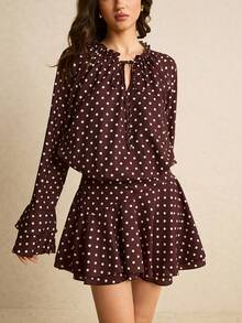 Poéselle Chocolate Brown Polka Dot Long Sleeve Mini Dress For Women, Soft Chiffon Tie-Neck Flowy A-Line Dress With Ruffle Hem,Women's Polka Dot Flare Sleeve Loose Stand Collar Tie-Up Ruffle Hem Short Dress,Chocolate Brown Dress, Satin Maxi Dress Women, Fall Elegant Evening Dress, Minimalist Formal Dress, Ruched Waist Maxi Dress, Long Sleeve Satin Dress, Quiet Luxury Women Dress, Pinterest Autumn Dress, Classy Occasion Dress Women, Polka Dots - Brown - View 5