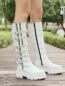 Bota alta de mujer charol brillante, punta redonda, multicintas con hebilla, cremallera, suela gruesa estilo punk para diario y fiesta - Blanco - Ver 3