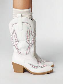 ROMWE Fairycore 1 Pair Women's Embroidered Chunky Heel Western Boots, Fashion Versatile Pointed Toe Mid-Calf Boots, All Season - White - View 4