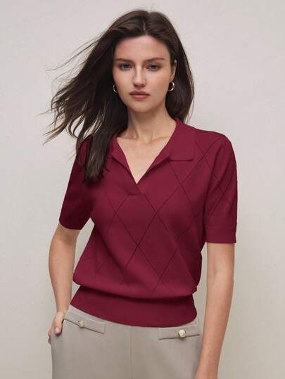 BizChic 2026 Primavera/Verano Nueva Parte Superior de Punto de Manga Corta con Cuello Polo Sólido e Irregular, Elegante y Urbana para Uso Diario, Versátil Retro de los 90, Romántica para San Valentín, Fiesta, Playa, Graduación, Moda, Carnaval, Vacaciones, Minimalista, Adecuada para Invitados de Boda, Anfitrión, Cita, Fiesta, Concierto, Brunch, Aeropuerto, Multiocasión